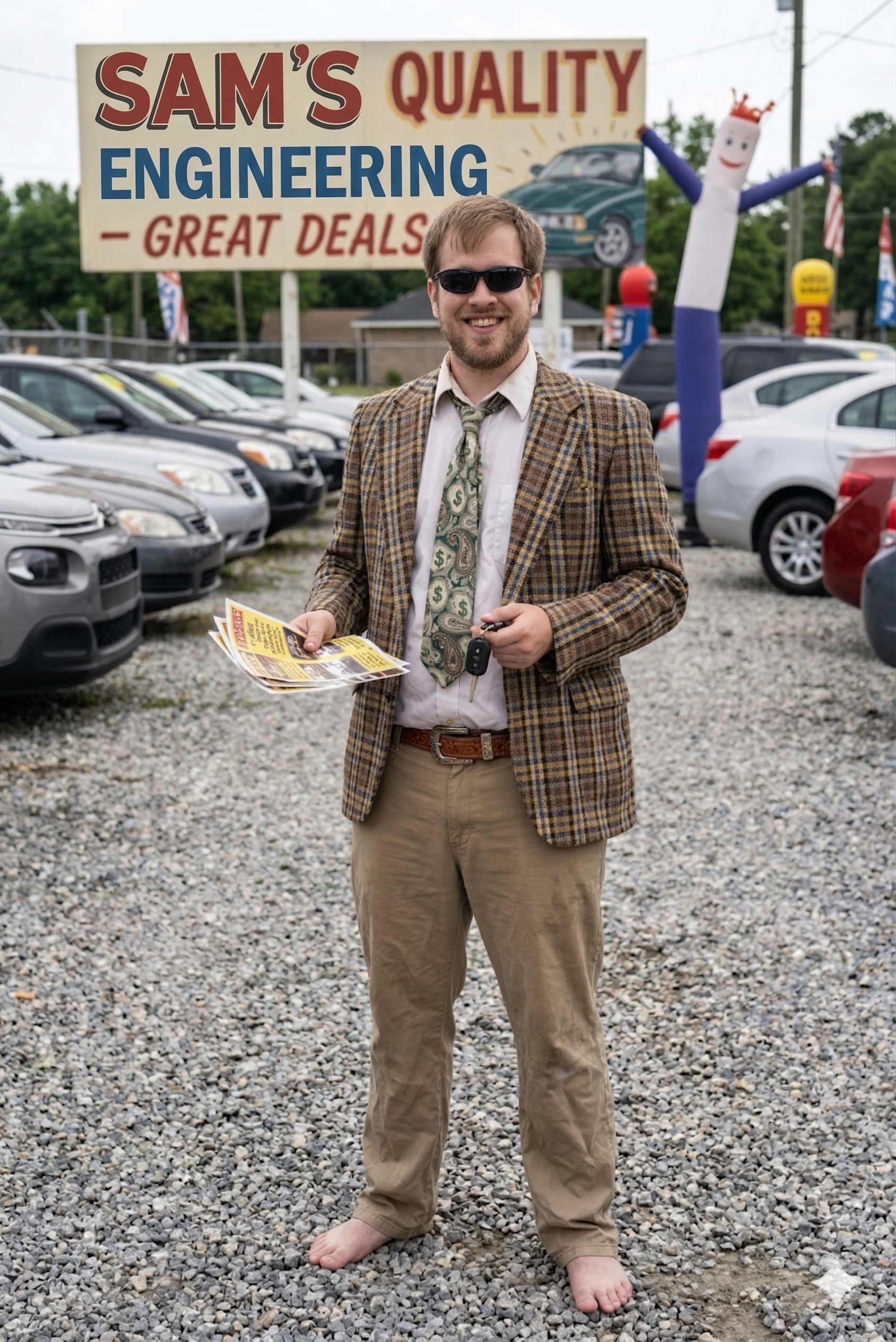 Sam posed like an aggressively enthusiastic engineering salesman in front of a lot sign